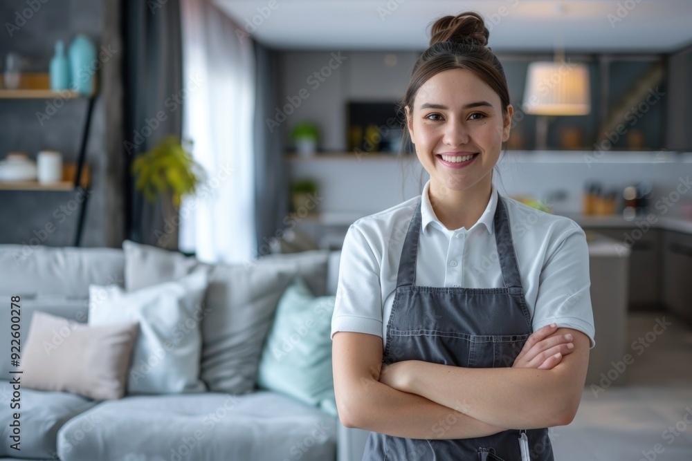 Fototapeta premium Professional Housekeeper in Uniform Standing Proudly in a Clean, Modern Living Room