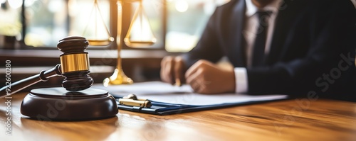 Close-up of a judge's gavel on a wooden desk, symbolizing justice and legal proceedings in a courtroom setting.