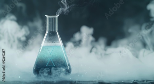Blue Liquid in Flask With Smoke and Triangle Symbol on Dark Background