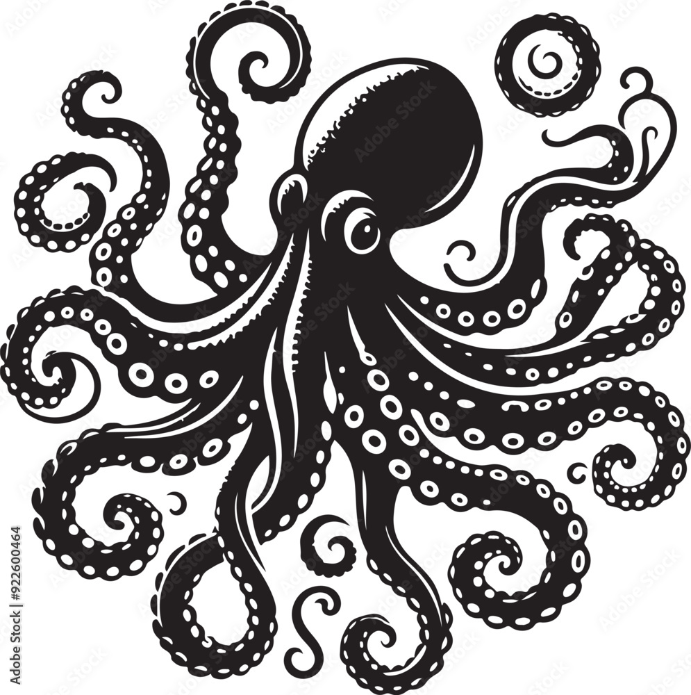 Octopus Silhouette Vector Illustration On Isolated White Background Octopus Silhouette Vector Illustration On Isolated White Background