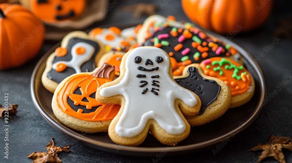 A collection of Halloween-themed cookies shaped like skeletons, pumpkins, and ghosts, decorated with colorful icing and sprinkles, set on a dark plate A collection of Halloween-themed cookies shaped like skeletons, pumpkins, and ghosts, decorated with colorful icing and sprinkles, set on a dark plate