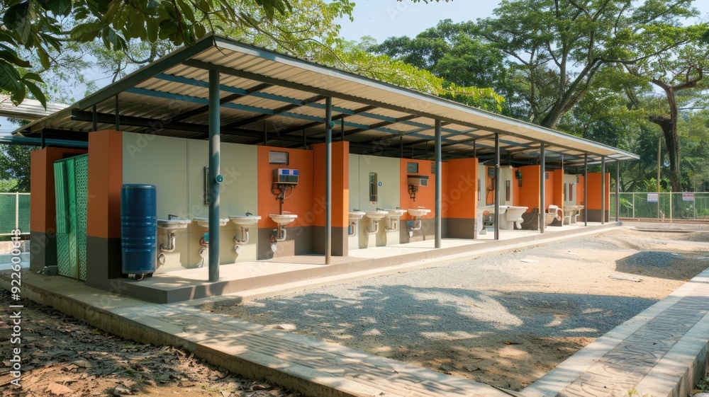 Modern public sanitation facilities in a developing country, showing clean and accessible toilets and washing stations