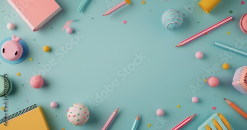 Colorful Stationery and Craft Supplies on Light Blue Background