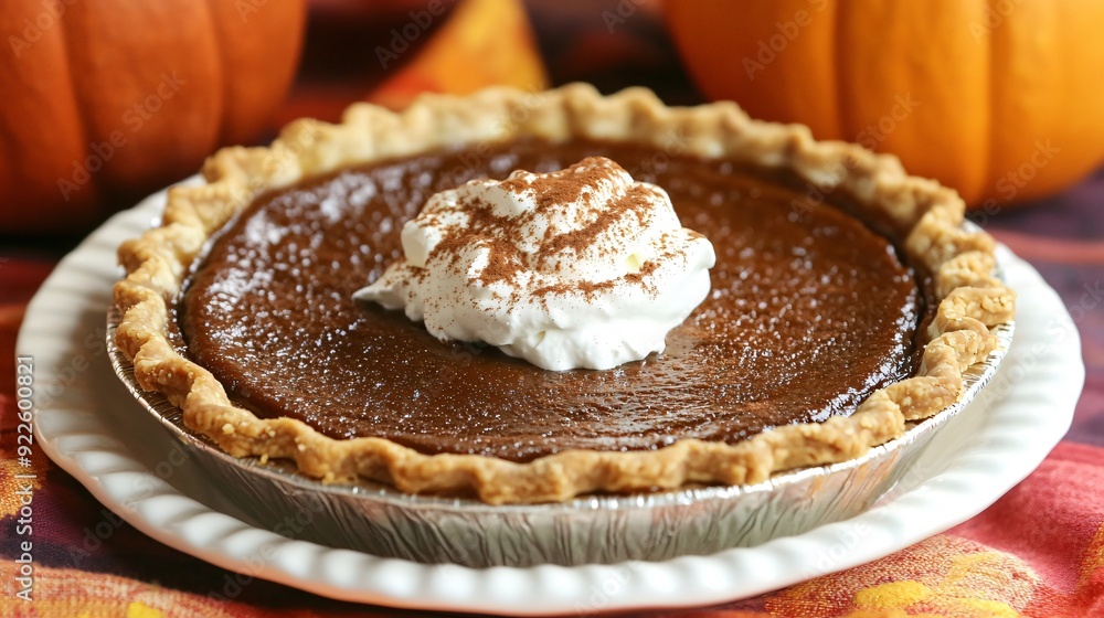 A dark brown, spiced pumpkin pie with a golden crust, topped with a dollop of whipped cream and a sprinkle of cinnamon, set against an autumn-colored tablecloth A dark brown, spiced pumpkin pie with a golden crust, topped with a dollop of whipped cream and a sprinkle of cinnamon, set against an autumn-colored tablecloth