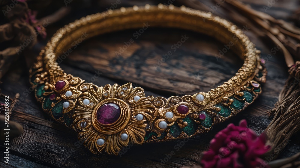 Obraz premium A beautifully crafted necklace with a central stone, etched with auspicious designs.