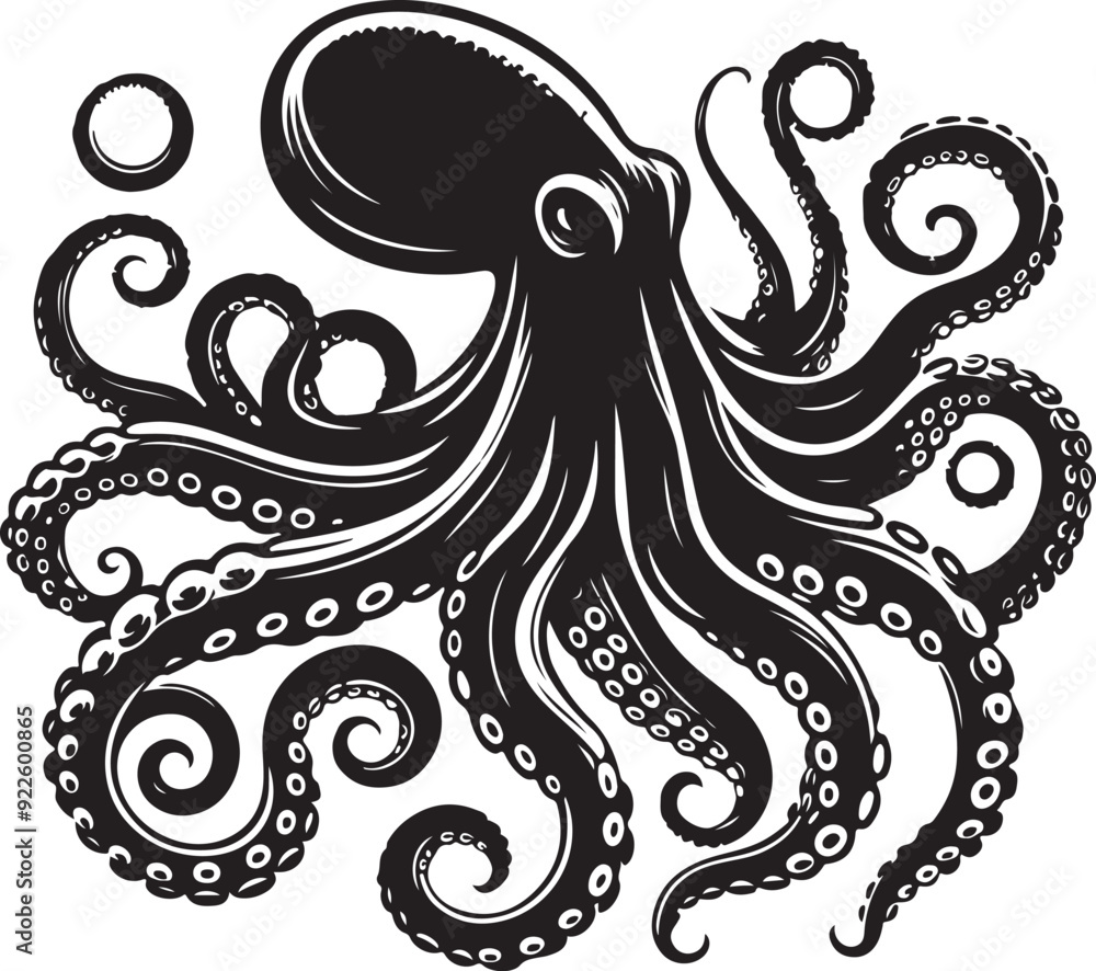 Fototapeta premium Octopus Silhouette Vector Illustration On Isolated White Background