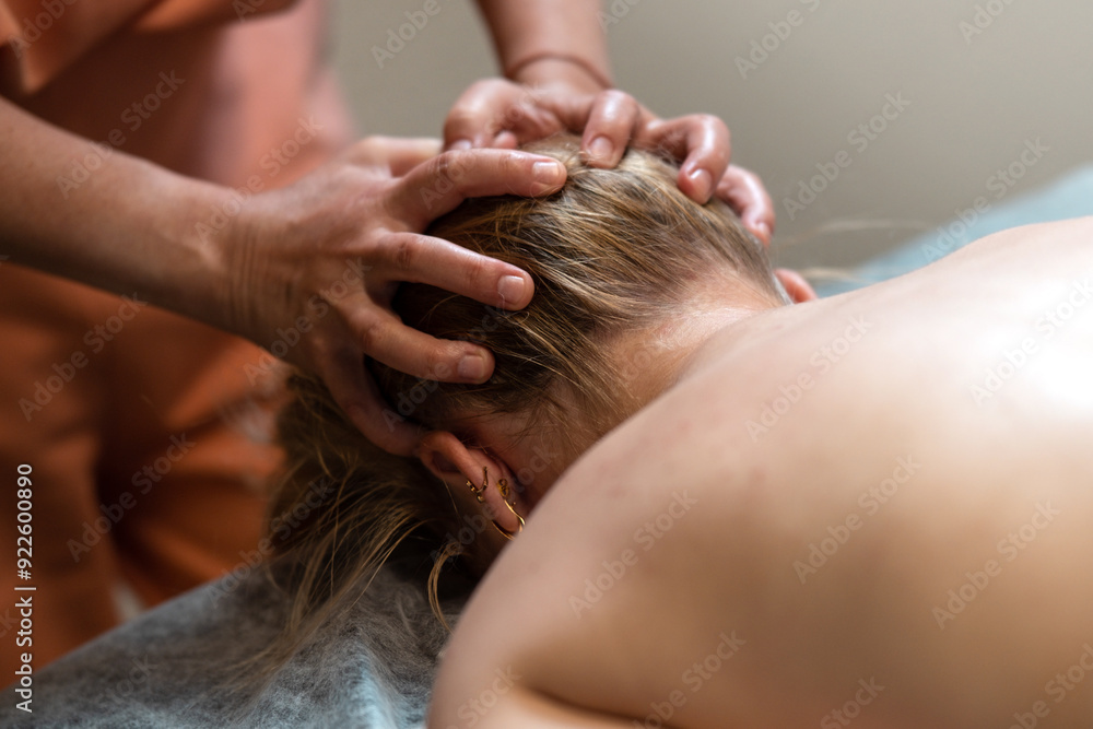 Fototapeta premium Head massage. Masseuse, client and scalp care, headache treatment and physiotherapy for healing