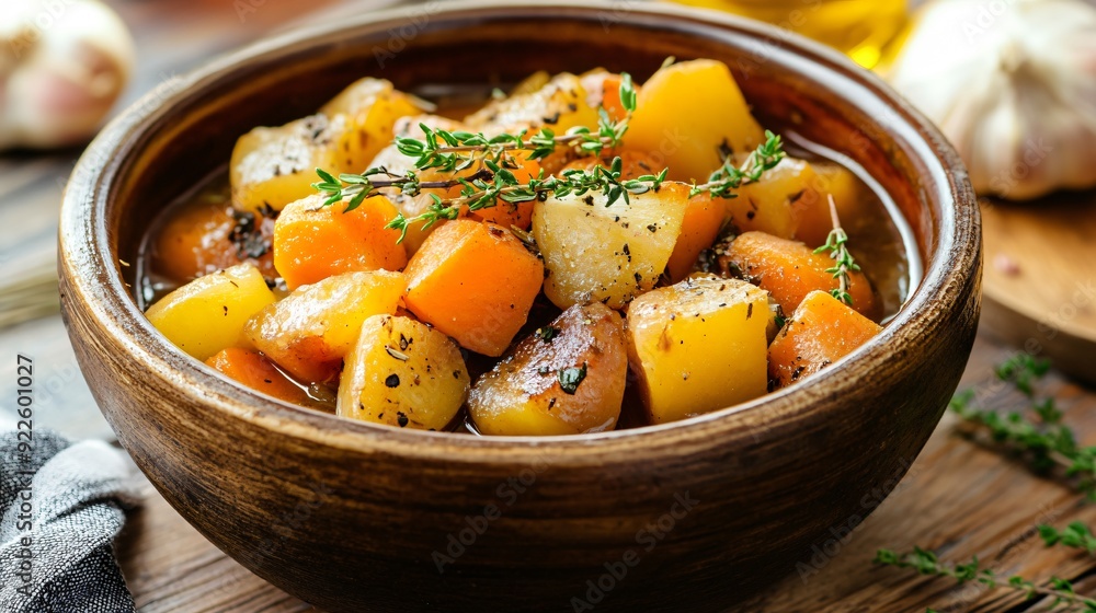 A deep brown stew with hearty root vegetables like carrots and parsnips, garnished with fresh herbs and served in a rustic bowl A deep brown stew with hearty root vegetables like carrots and parsnips, garnished with fresh herbs and served in a rustic bowl
