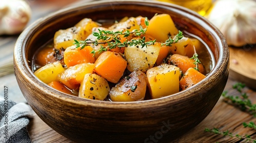 A deep brown stew with hearty root vegetables like carrots and parsnips, garnished with fresh herbs and served in a rustic bowl