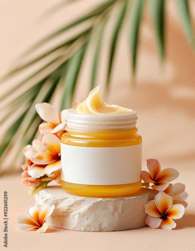 Natural skincare cream, a luxurious jar filled with creamy moisturizer, surrounded by vibrant tropical flowers, resting on a textured stone against a soft pastel backdrop Natural skincare cream, a luxurious jar filled with creamy moisturizer, surrounded by vibrant tropical flowers, resting on a textured stone against a soft pastel backdrop