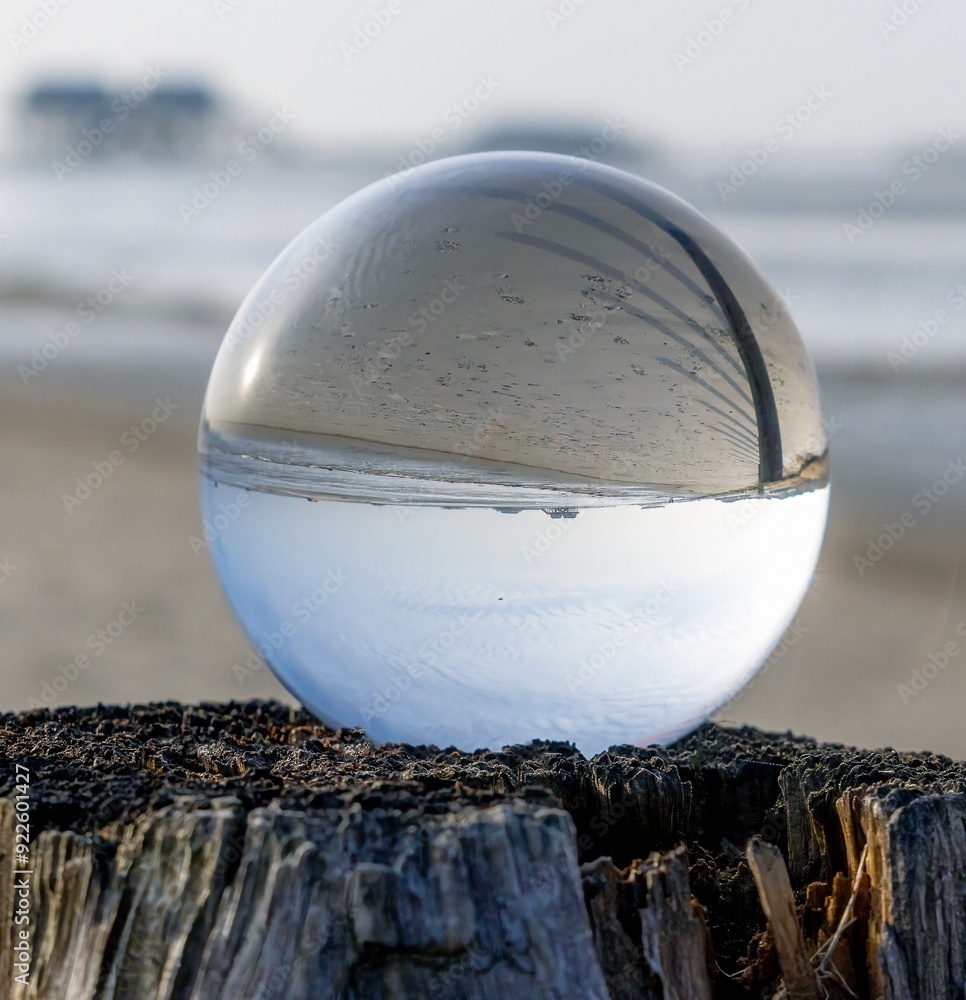 View of the pile dwellings in Sankt Peter Ording through the glass ball