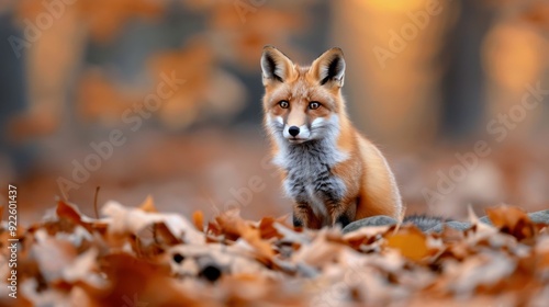Red Fox Sitting Among Colorful Autumn Leaves in a Forest Setting