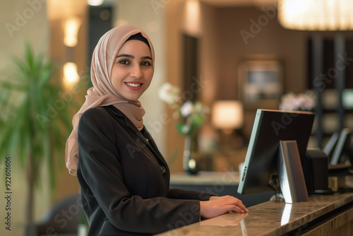 Young Arab woman working as receptionist or front desk manager, sitting at the reception smiling as she waits for guests. Generative AI
