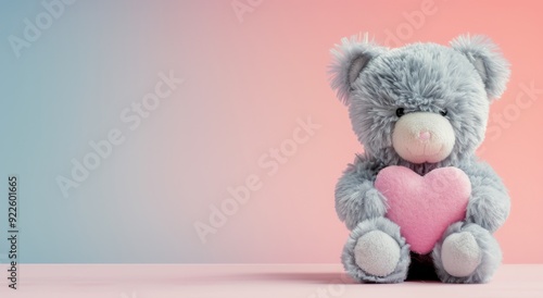 Cute Teddy Bear Holding Pink Heart on Pastel Background