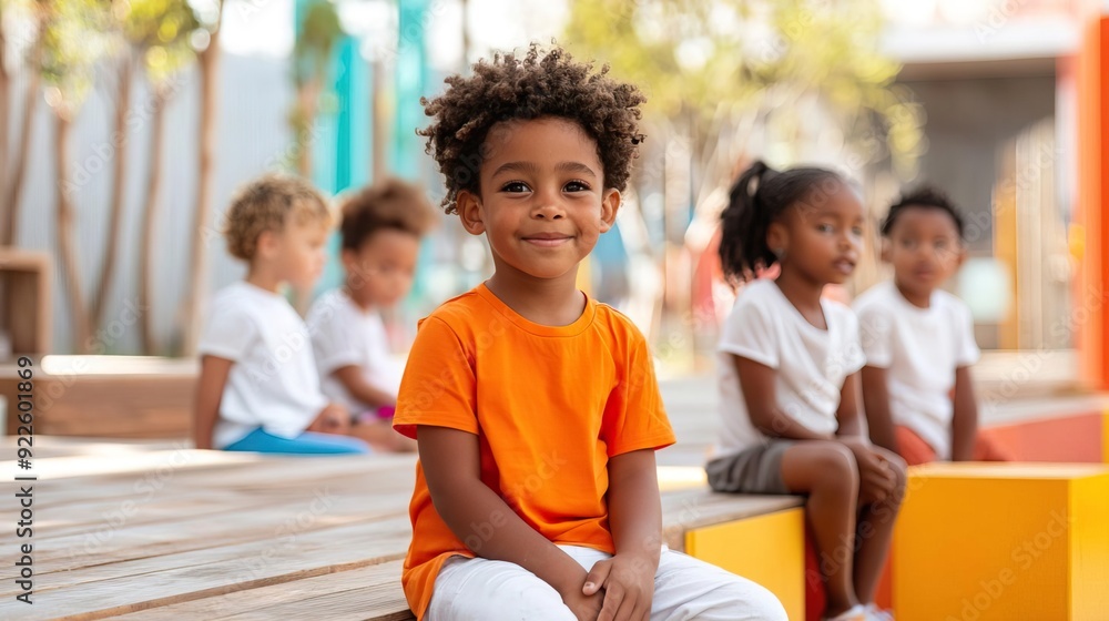 Smiling young boy sitting with friends in a park, looking at camera. Smiling young boy sitting with friends in a park, looking at camera.