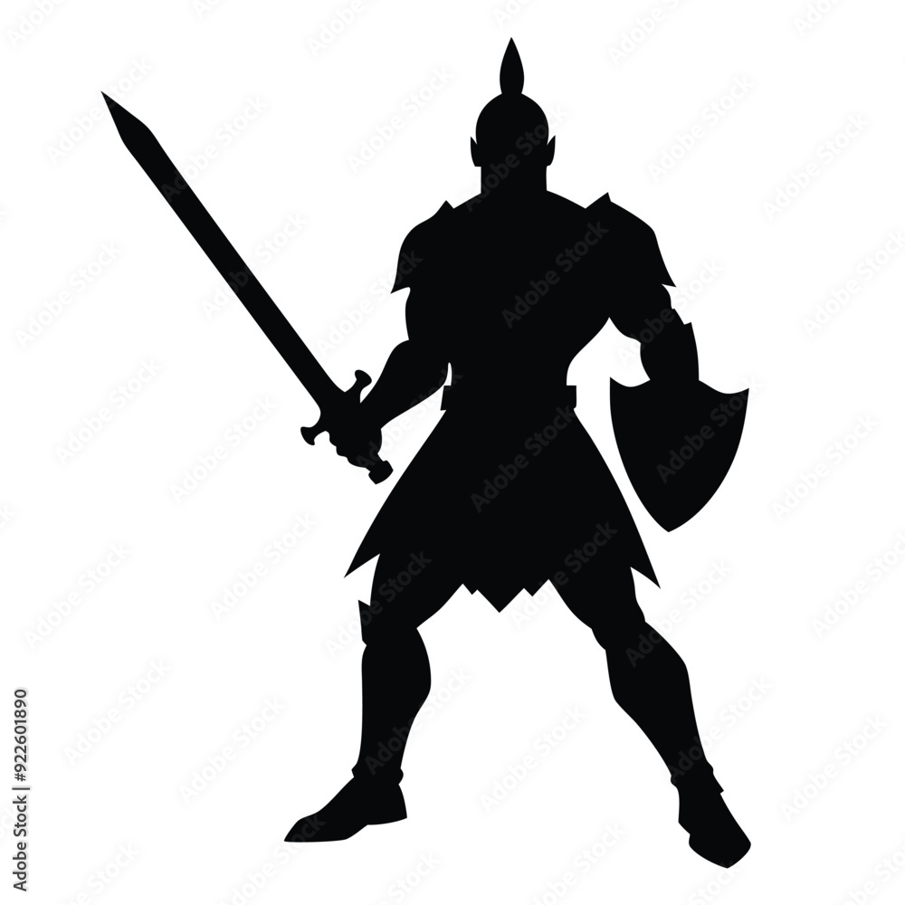 Obraz premium a body builder medieval knight with sword, stand with warior pose vector silhouette 