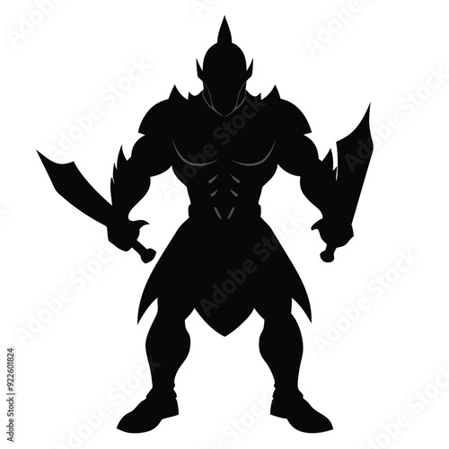 a body builder medieval knight with sword, stand with warior pose vector silhouette 