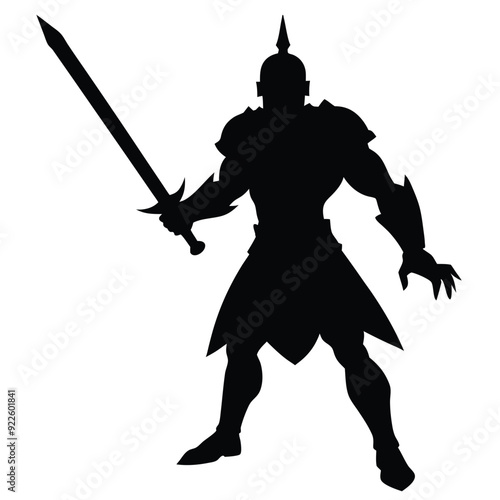 a body builder medieval knight with sword, stand with warior pose vector silhouette 