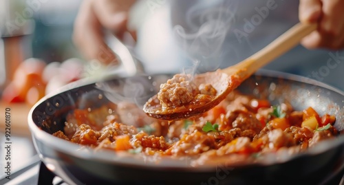 Cooking Savory Meat Mixture With Vegetables in a Pan on the Stove