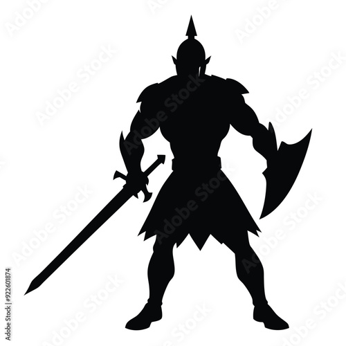 a body builder medieval knight with sword, stand with warior pose vector silhouette 