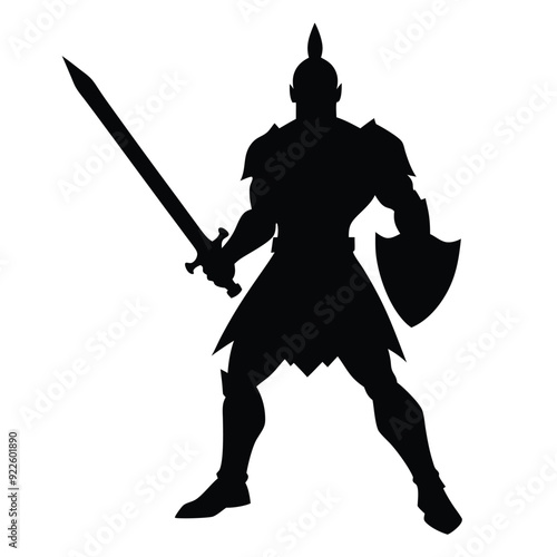 a body builder medieval knight with sword, stand with warior pose vector silhouette 