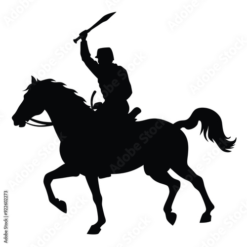 a cavalry soldier ride on horseback swinging blade weapon vector silhouette 
