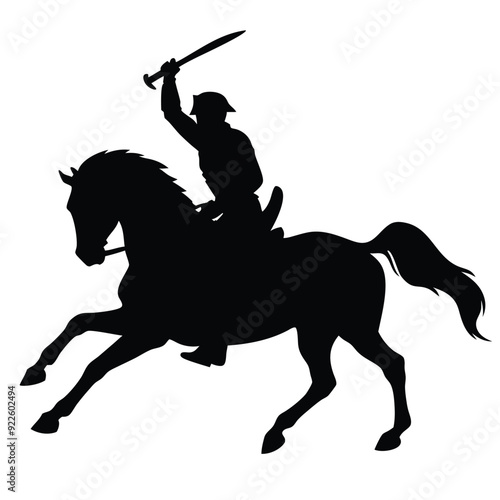 a cavalry soldier ride on horseback swinging blade weapon vector silhouette 