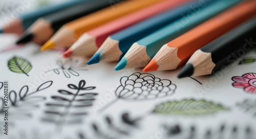 Vibrant Colored Pencils Arranged With Floral Coloring Page on Table