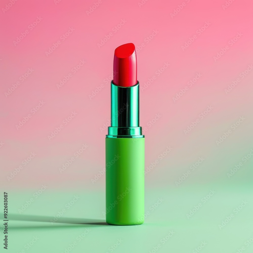 Vibrant lipstick standing tall, bold red hue promises radiance, playful green casing contrasts elegantly with soft pink backdrop, a statement of beauty and confidence. Vibrant lipstick standing tall, bold red hue promises radiance, playful green casing contrasts elegantly with soft pink backdrop, a statement of beauty and confidence.