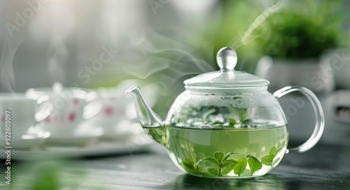 Clear Glass Teapot Brewing Green Tea With Fresh Leaves on Kitchen Counter