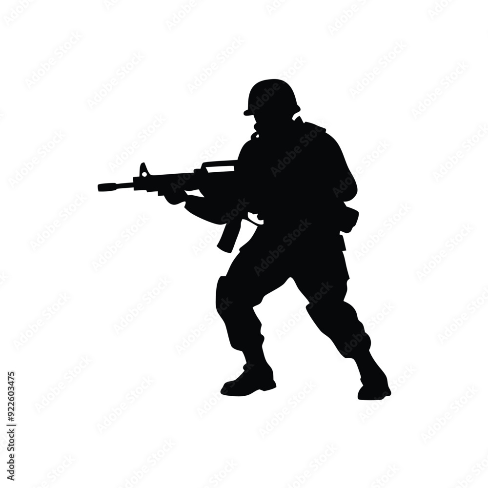 A soldier with a black assault rifle on a white background. isolated white background A soldier with a black assault rifle on a white background. isolated white background