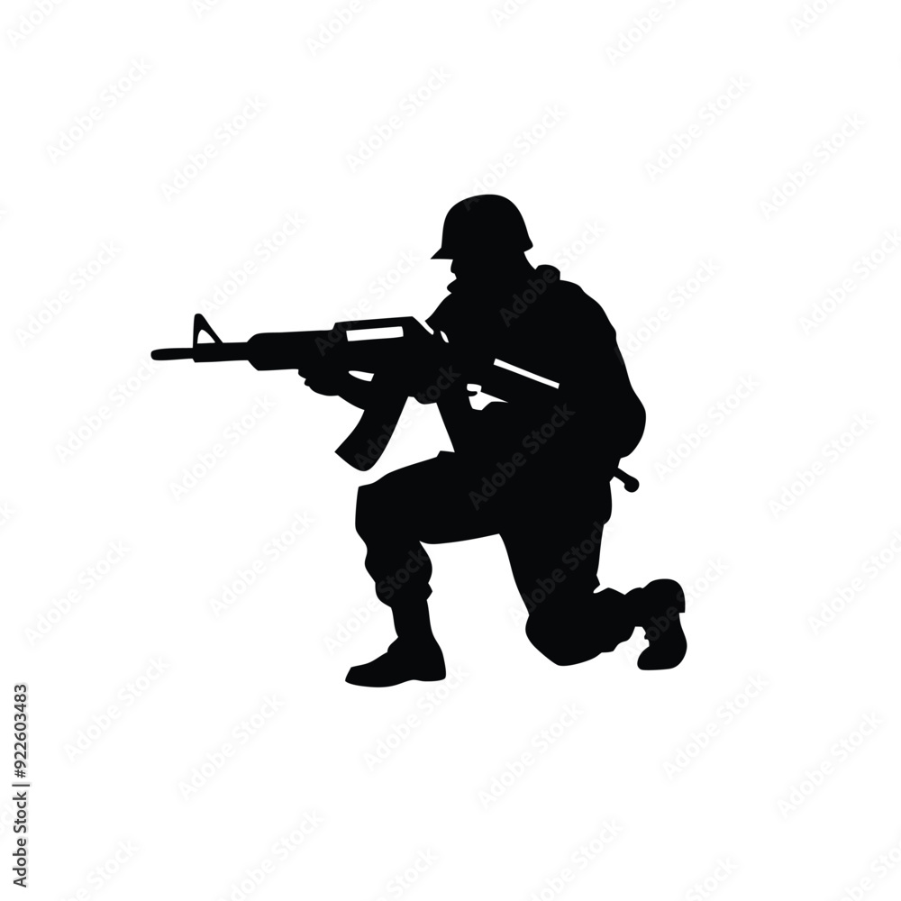 A soldier with a black assault rifle on a white background. isolated white background A soldier with a black assault rifle on a white background. isolated white background