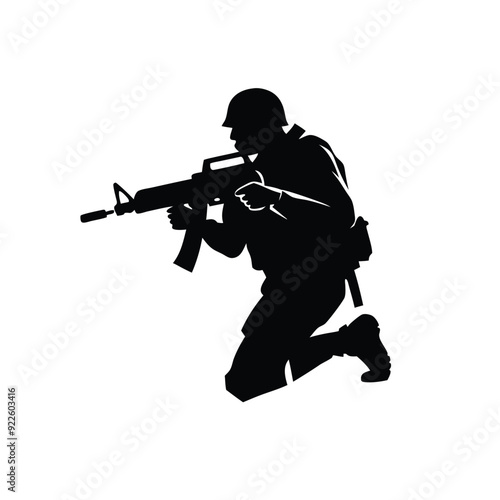 A soldier with a black assault rifle on a white background. isolated white background