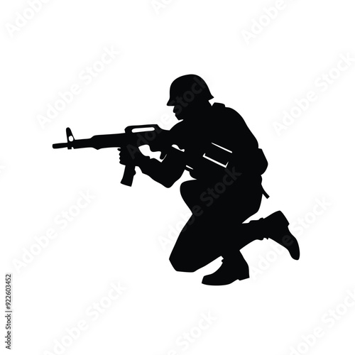 A soldier with a black assault rifle on a white background. isolated white background