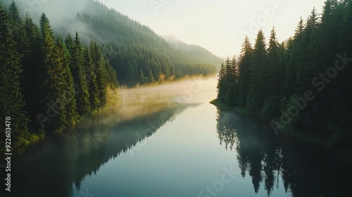 Misty River Reflections, a tranquil river meanders through dense evergreen forests, surrounded by mountains, as morning fog gives way to soft sunlight.