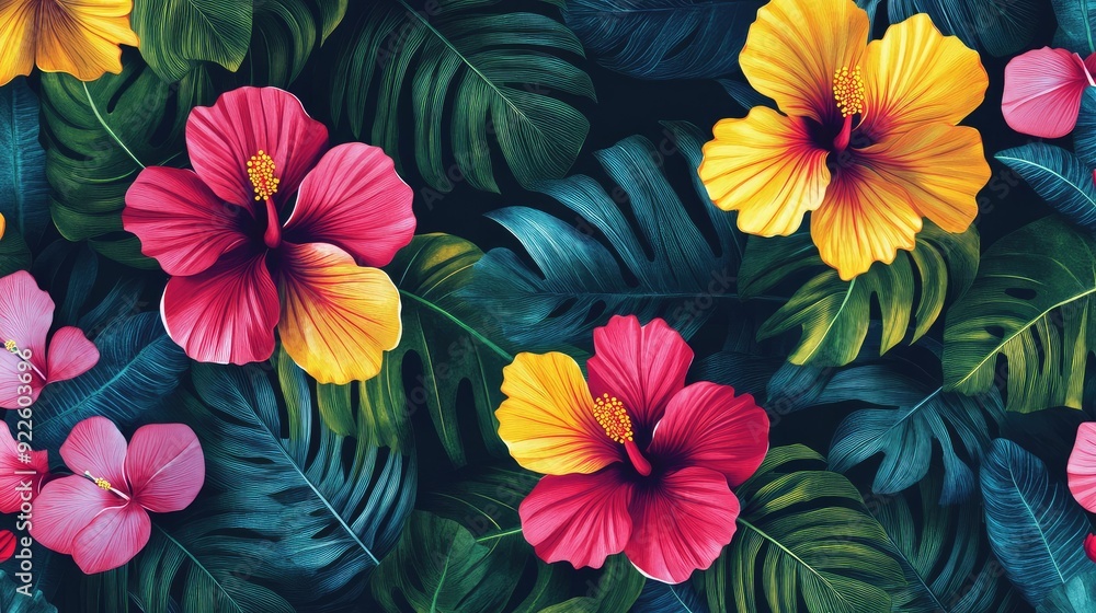Tropical sarong pattern with hibiscus flowers and exotic leaves. Tropical sarong pattern with hibiscus flowers and exotic leaves.