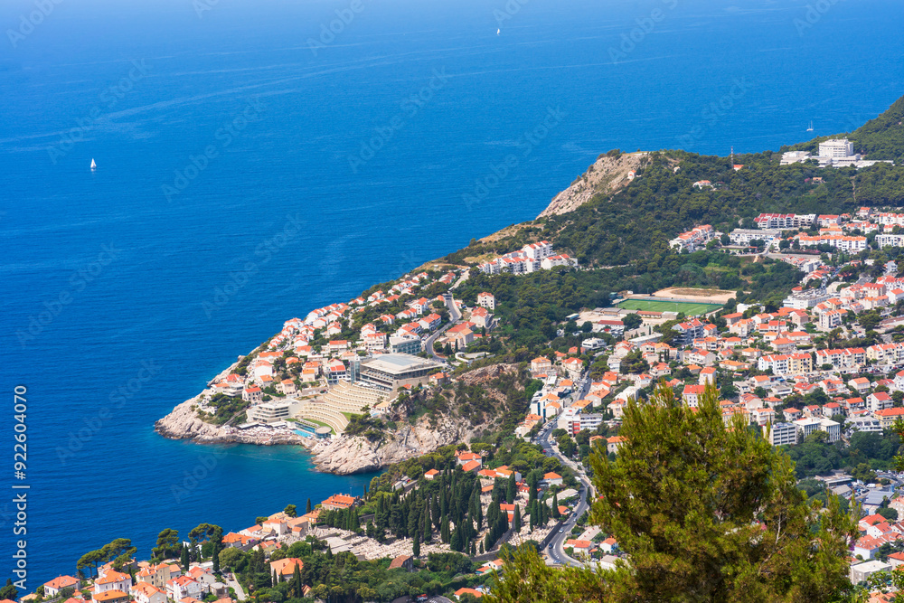 Naklejka premium Aerial view of Dubrovnik from top of Moutain Srd in Croatia