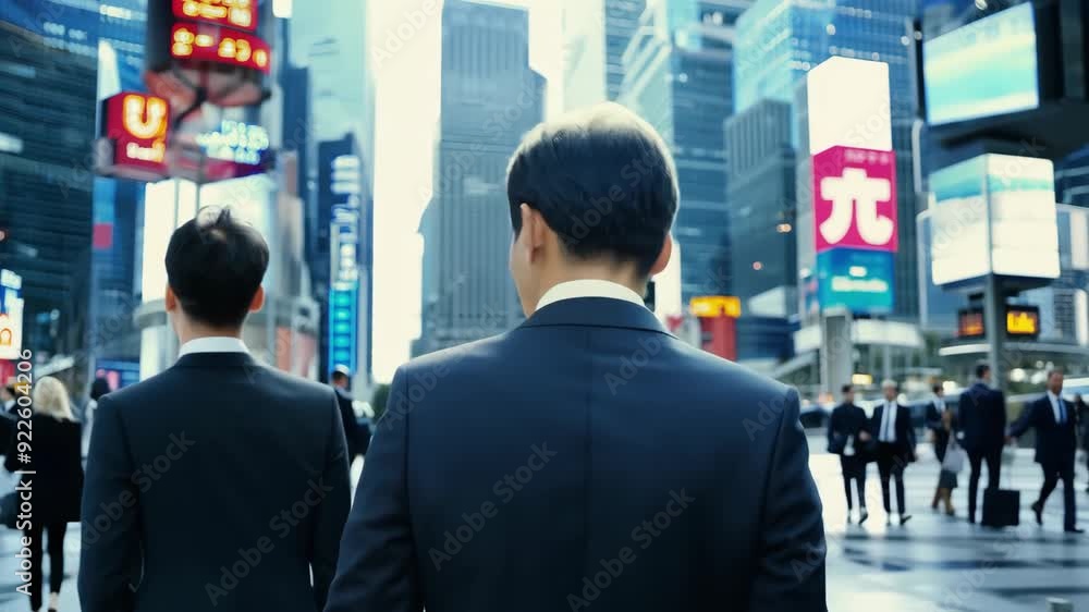 A group of business professionals strolls through a vibrant city center, surrounded by glowing lights and tall buildings during the evening. A group of business professionals strolls through a vibrant city center, surrounded by glowing lights and tall buildings during the evening.