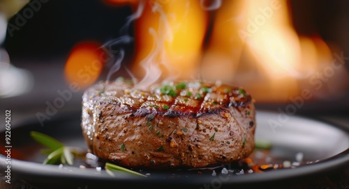Grilled Steak on a Plate With Herb Garnish Near an Open Flame at Dusk
