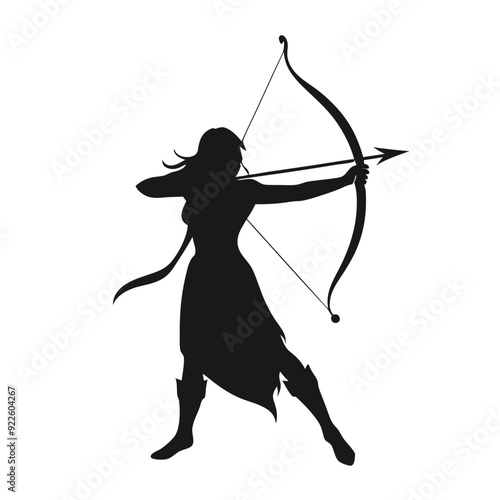 female warrior archer aiming at her target from a distance vector silhouette 