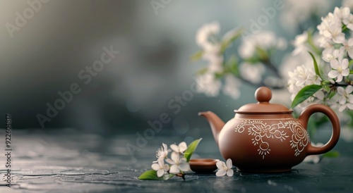Ceramic Teapot Surrounded by Delicate White Flowers in a Serene Garden Setting