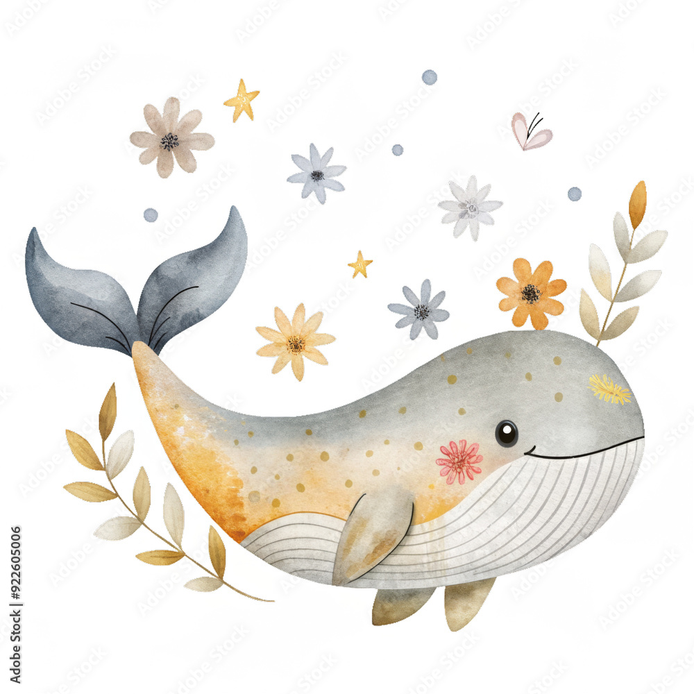 Cute baby whale watercolor isolated clipart kids clothes, pattern and textile