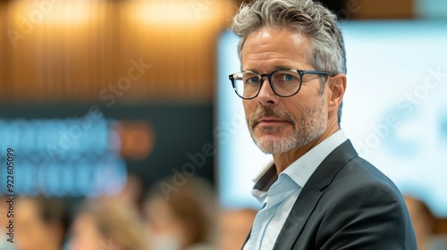 Man Engaging With Audience During Discussion at Conference in Modern Venue