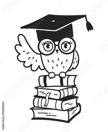 Line art vector illustration of cute owl character sitting on books wearing glasses and mortarboard