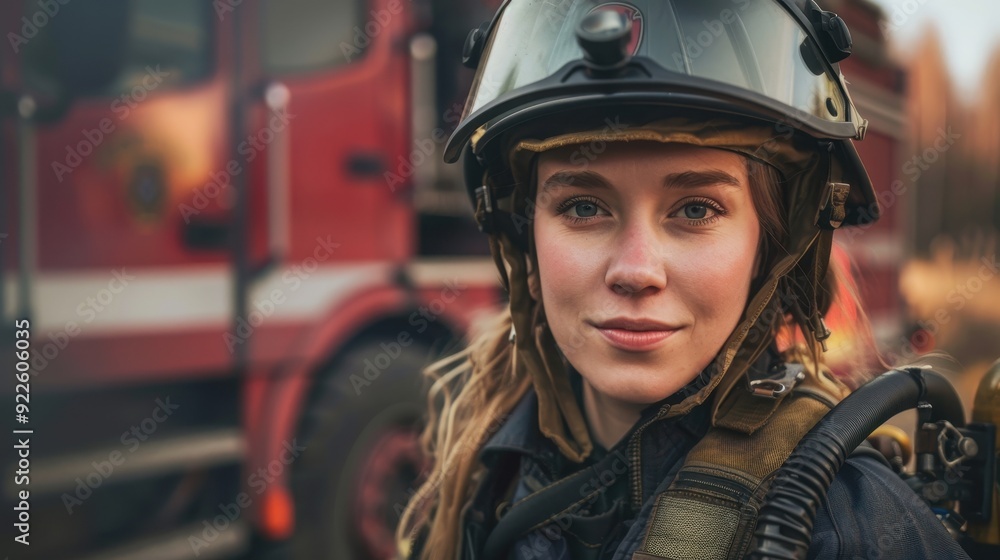 A firefighter prepares for a training exercise beside a fire truck in a forested setting A firefighter prepares for a training exercise beside a fire truck in a forested setting