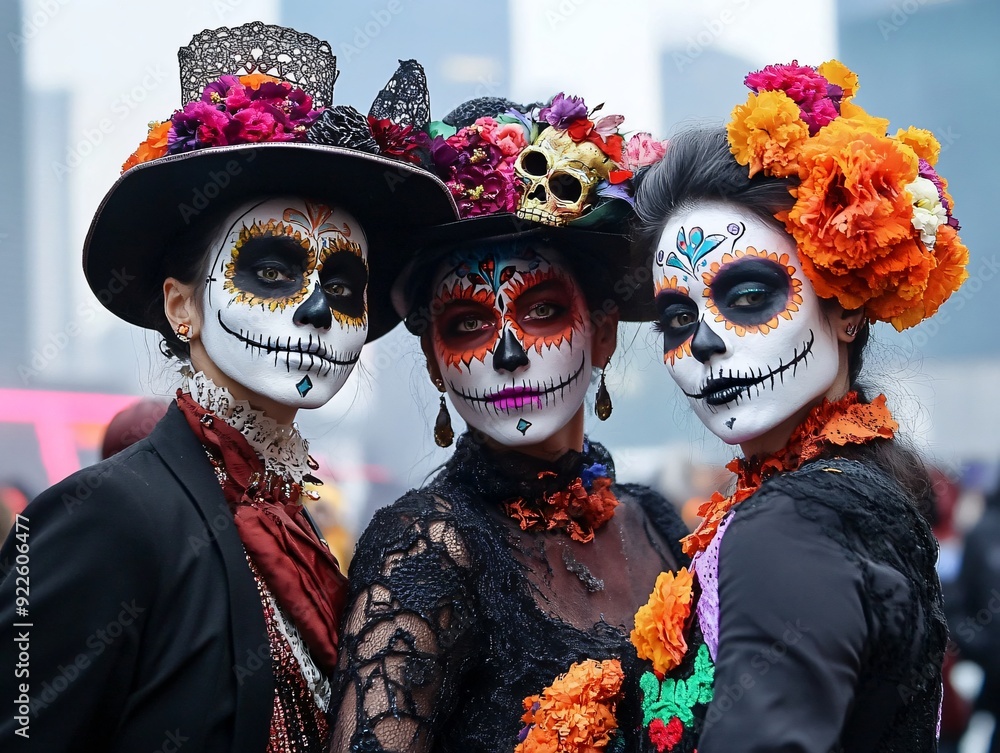 People Dressed as Catrinas for Día de los Muertos Celebrations with Elaborate Costumes and Face Paint People Dressed as Catrinas for Día de los Muertos Celebrations with Elaborate Costumes and Face Paint