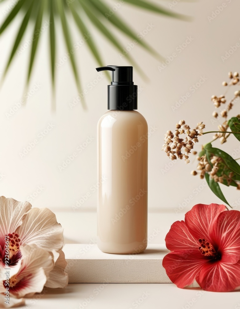 Sleek natural skincare bottle surrounded by vibrant hibiscus flowers and delicate foliage, creating a serene tropical ambiance that evokes freshness and relaxation Sleek natural skincare bottle surrounded by vibrant hibiscus flowers and delicate foliage, creating a serene tropical ambiance that evokes freshness and relaxation