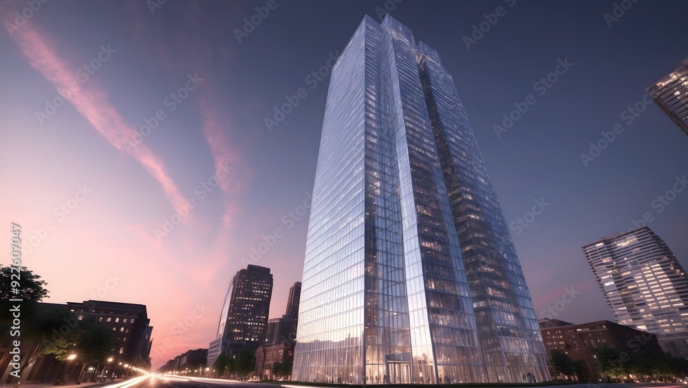 Obraz premium Glass skyscraper reflecting sunset hues in serene urban evening
