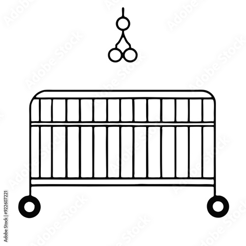 Black and White Baby Crib Outline Illustration, Nursery Concept with Copy Space