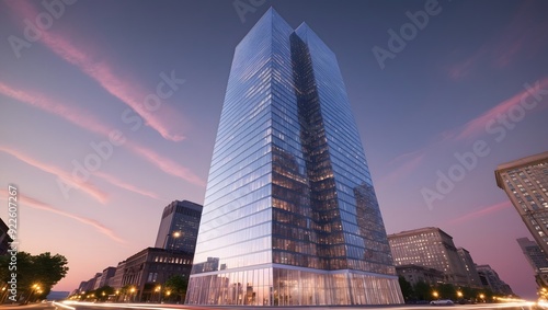 Glass skyscraper reflecting sunset hues in serene urban evening
